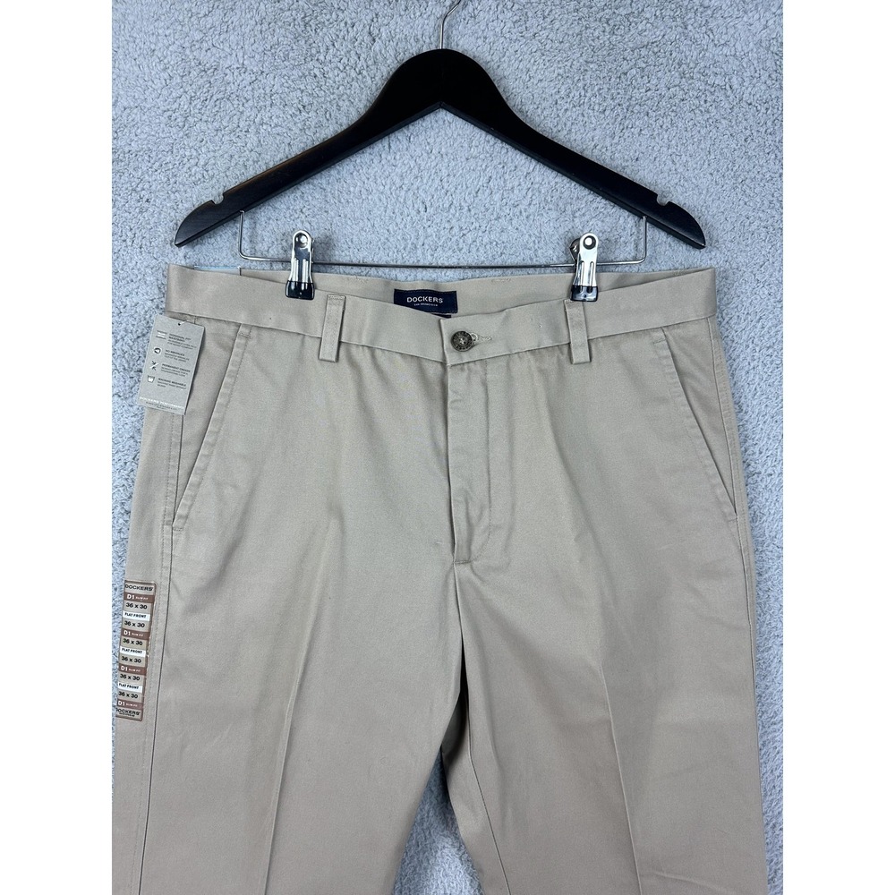 Dockers Pants Mens 36x30 Khaki Signature D1 Slim Fit Flat Front Chino Cotton New